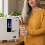 woman filling up a glass of Kangen water from the Enagic Leveluk K8